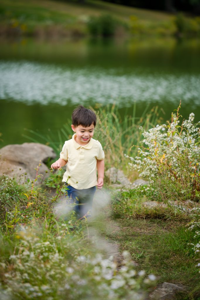 Toddler in a yellow shirt walking along a wildflower path by a pond, family portrait in Dean Park, Shrewsbury, MA